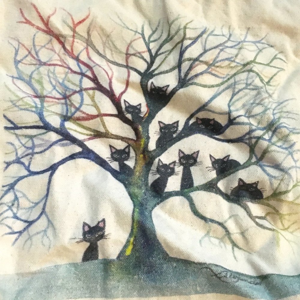 Vintage Signed Whimsical Cat Tree Graphic Cream Canvas Tote Bag